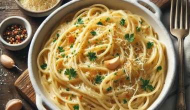 A realistic photo of creamy One-Pot Garlic Parmesan Pasta recipe served in a white bowl on a wooden table. The spaghetti is coated in a rich garlic and Parmesan cheese sauce, garnished with fresh parsley and a sprinkle of red pepper flakes. A fork rests beside the bowl, with a small dish of grated Parmesan cheese nearby. The pasta looks glossy and inviting, with bits of golden garlic visible in the sauce.