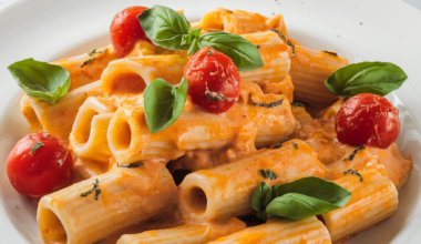 A plate of our vodka pasta recipe featuring al dente penne tossed in a creamy tomato-vodka sauce, garnished with fresh basil and grated Parmesan cheese, set on a rustic wooden table.