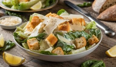 Caesar salad with romaine lettuce, croutons, Parmesan, and creamy dressing, showcasing a classic Caesar salad recipe.