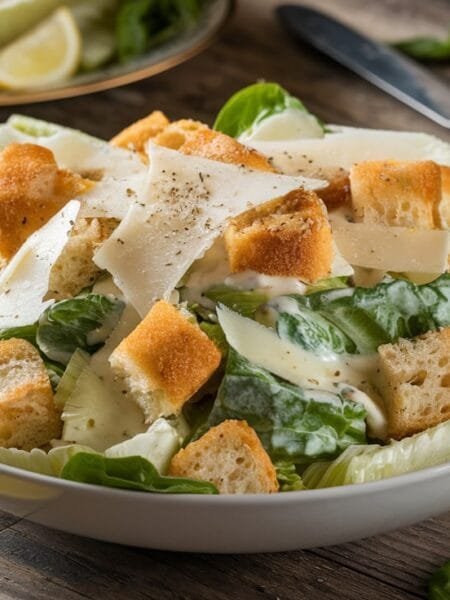 Caesar salad with romaine lettuce, croutons, Parmesan, and creamy dressing, showcasing a classic Caesar salad recipe.