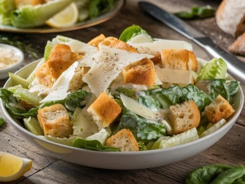 Caesar salad with romaine lettuce, croutons, Parmesan, and creamy dressing, showcasing a classic Caesar salad recipe.