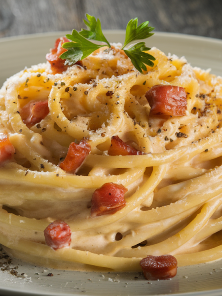 Easy carbonara recipe with creamy pasta, crispy pancetta, and Parmesan garnish on a wooden table.
