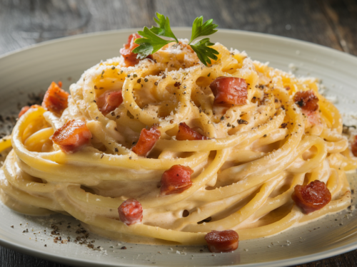 Easy carbonara recipe with creamy pasta, crispy pancetta, and Parmesan garnish on a wooden table.