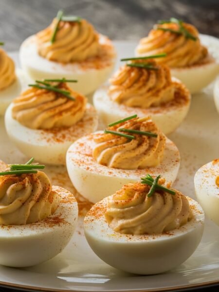 Easy deviled eggs recipe featuring creamy yolk filling and garnished with paprika and chives.