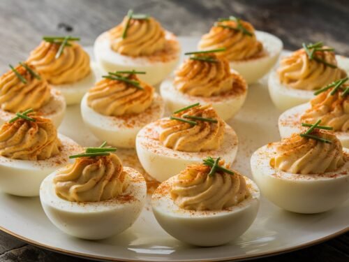 Easy deviled eggs recipe featuring creamy yolk filling and garnished with paprika and chives.