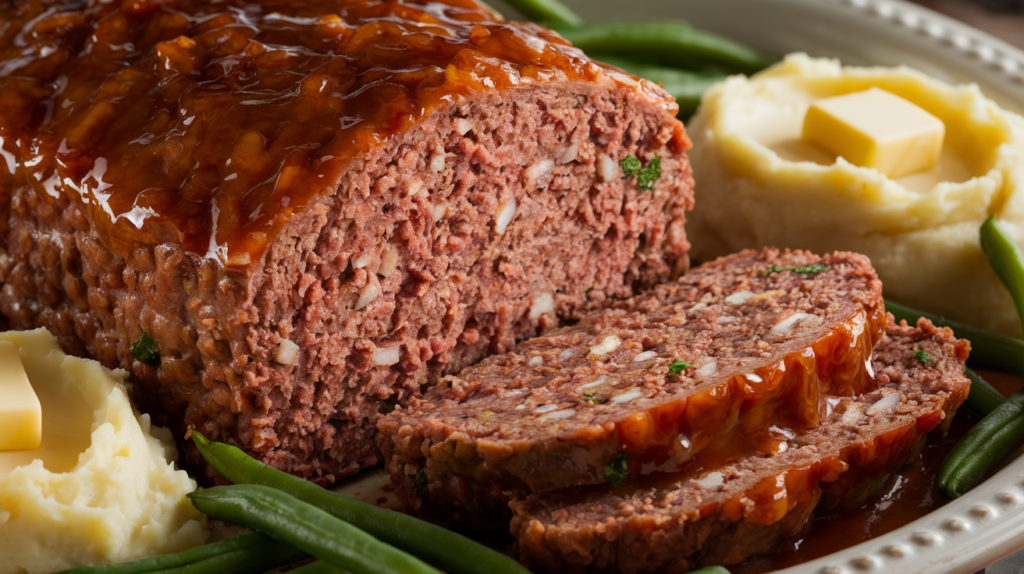 easy meatloaf recipe: A sliced, freshly baked meatloaf topped with tangy glaze, served with mashed potatoes and green beans.