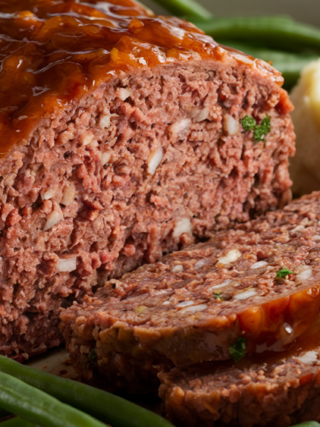 easy meatloaf recipe: A sliced, freshly baked meatloaf topped with tangy glaze, served with mashed potatoes and green beans.