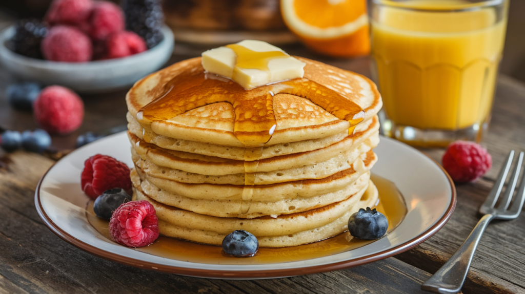 Stack of fluffy pancakes topped with butter and syrup, perfect for an easy pancake recipe.