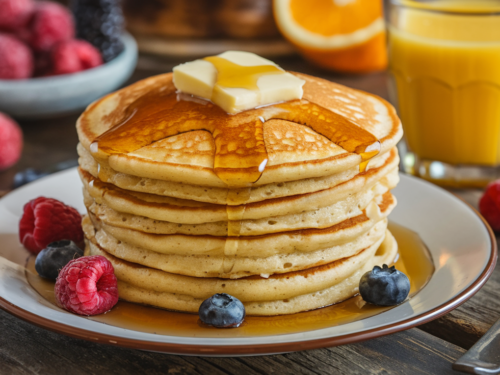Stack of fluffy pancakes topped with butter and syrup, perfect for an easy pancake recipe.