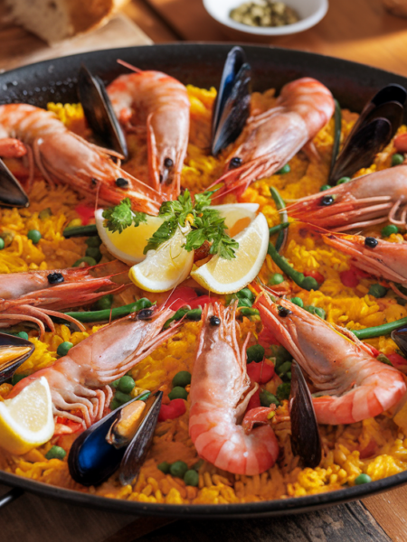 Traditional paella with saffron rice, shrimp, mussels, chicken, and vegetables, showcasing an authentic paella recipe.