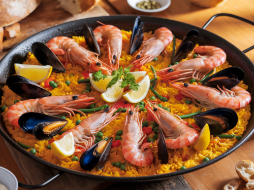 Traditional paella with saffron rice, shrimp, mussels, chicken, and vegetables, showcasing an authentic paella recipe.