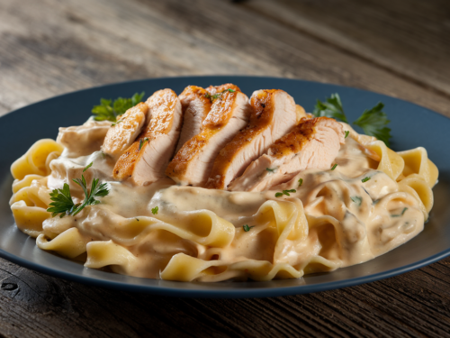 A plate of a simple chicken alfredo recipe with creamy alfredo sauce, fettuccine pasta, and golden slices of chicken breast, garnished with parsley.