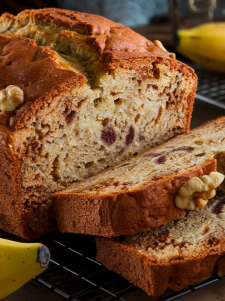Easy banana bread recipe with a golden-brown loaf, sliced to show a soft, moist crumb.