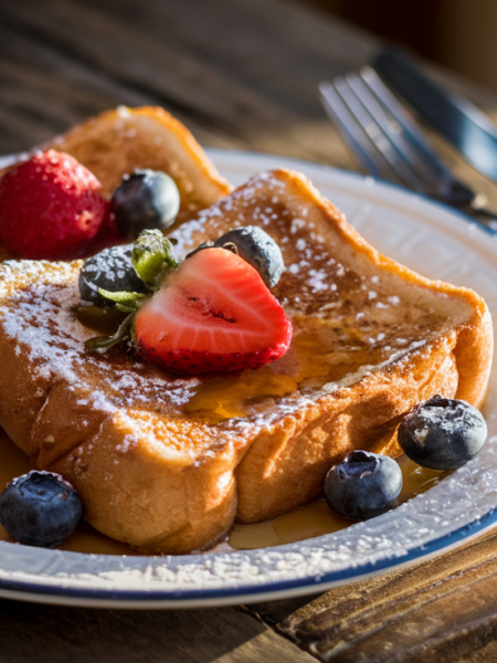 Golden-brown French toast with syrup, powdered sugar, and fresh berries, showcasing an easy French toast recipe.