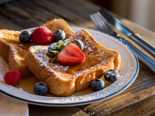 Golden-brown French toast with syrup, powdered sugar, and fresh berries, showcasing an easy French toast recipe.
