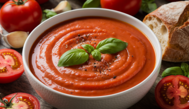 A steaming bowl of our Roasted Tomato Soup Recipe garnished with fresh basil leaves.