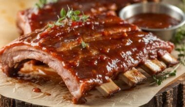 BBQ ribs recipe with a glossy, caramelized barbecue sauce, served on a rustic platter with fresh herbs and a side of extra BBQ sauce.