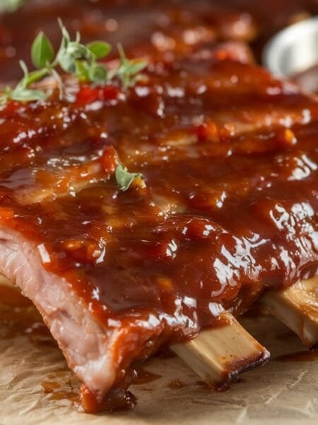 BBQ ribs recipe with a glossy, caramelized barbecue sauce, served on a rustic platter with fresh herbs and a side of extra BBQ sauce.