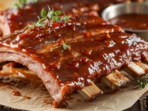 BBQ ribs recipe with a glossy, caramelized barbecue sauce, served on a rustic platter with fresh herbs and a side of extra BBQ sauce.