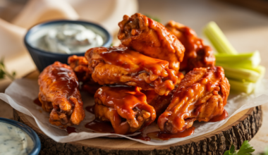 Crispy buffalo wings recipe coated in spicy buffalo sauce, served with blue cheese dressing and celery sticks.