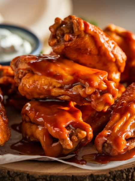 Crispy buffalo wings recipe coated in spicy buffalo sauce, served with blue cheese dressing and celery sticks.