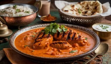 A plate of our Chicken Tikka Masala recipe with naan bread, rice, and a side of raita.
