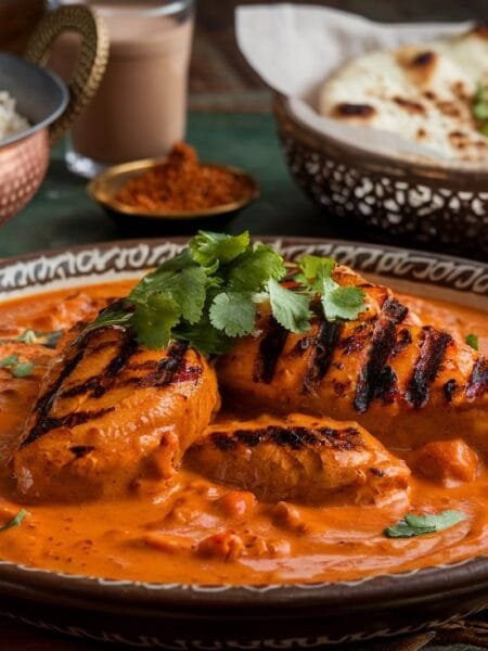 A plate of our Chicken Tikka Masala recipe with naan bread, rice, and a side of raita.