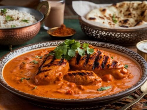 A plate of our Chicken Tikka Masala recipe with naan bread, rice, and a side of raita.
