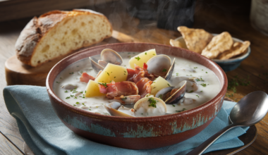 A creamy clam chowder recipe served in a rustic bowl with bacon, potatoes, and fresh parsley garnish.