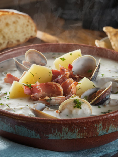 A creamy clam chowder recipe served in a rustic bowl with bacon, potatoes, and fresh parsley garnish.