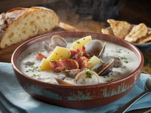 A creamy clam chowder recipe served in a rustic bowl with bacon, potatoes, and fresh parsley garnish.