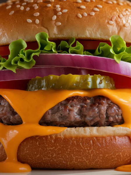 Classic cheeseburger with a juicy beef patty, melted cheddar cheese, fresh lettuce, tomato, onion, and pickles on a toasted sesame bun.