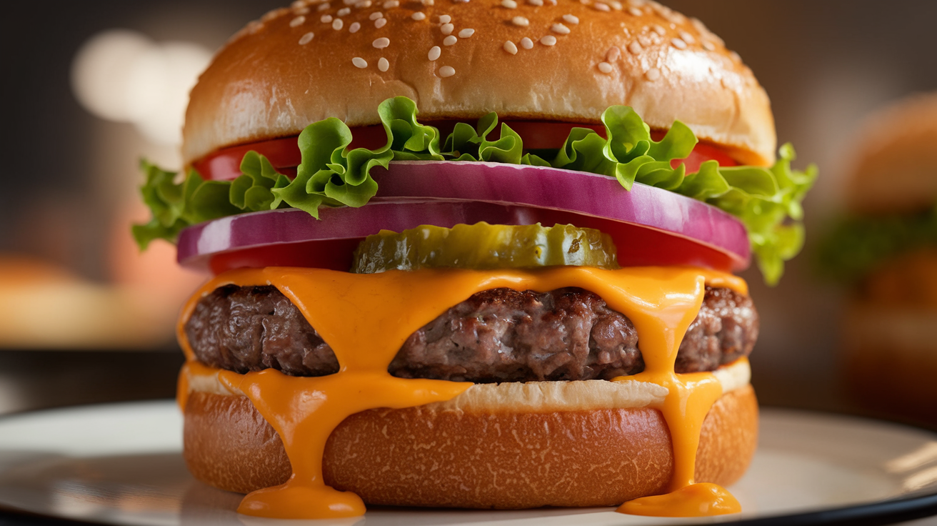Classic cheeseburger with a juicy beef patty, melted cheddar cheese, fresh lettuce, tomato, onion, and pickles on a toasted sesame bun.