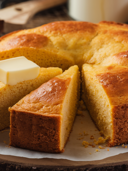 Cornbread recipe - Freshly baked homemade cornbread with a golden crust and a fluffy interior, served with butter melting on top.