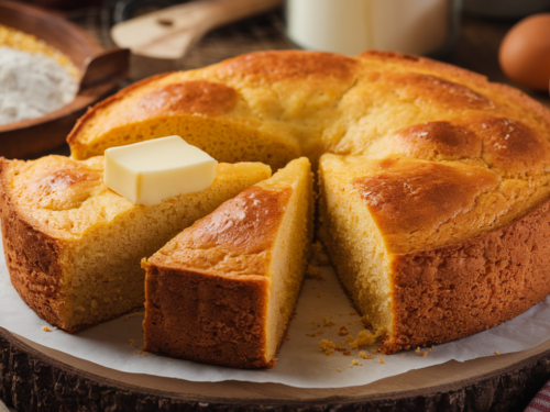 Cornbread recipe - Freshly baked homemade cornbread with a golden crust and a fluffy interior, served with butter melting on top.