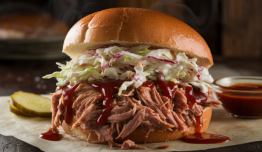 Delicious Recipe for Pulled Pork Sandwich with BBQ sauce and coleslaw, served on a soft toasted bun.