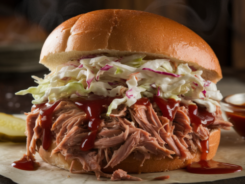Delicious Recipe for Pulled Pork Sandwich with BBQ sauce and coleslaw, served on a soft toasted bun.