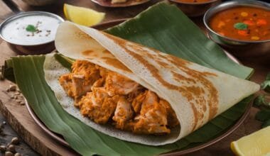 A crispy masala dosa recipe featuring chicken filling served with chutney and sambar.