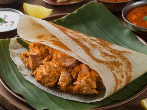 A crispy masala dosa recipe featuring chicken filling served with chutney and sambar.