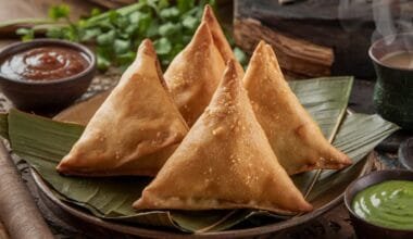 A plate of our crispy samosa recipe served with tamarind and mint chutneys.