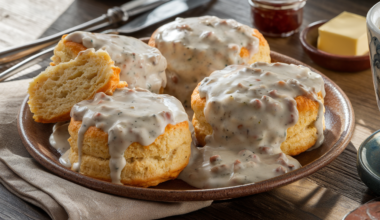 Southern Biscuits and Gravy served on a rustic plate with creamy sausage gravy and flaky biscuits.