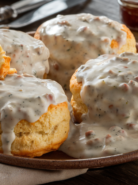 Southern Biscuits and Gravy served on a rustic plate with creamy sausage gravy and flaky biscuits.