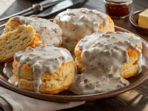 Southern Biscuits and Gravy served on a rustic plate with creamy sausage gravy and flaky biscuits.