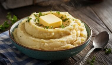 A bowl of creamy mashed potatoes with butter and parsley garnish.