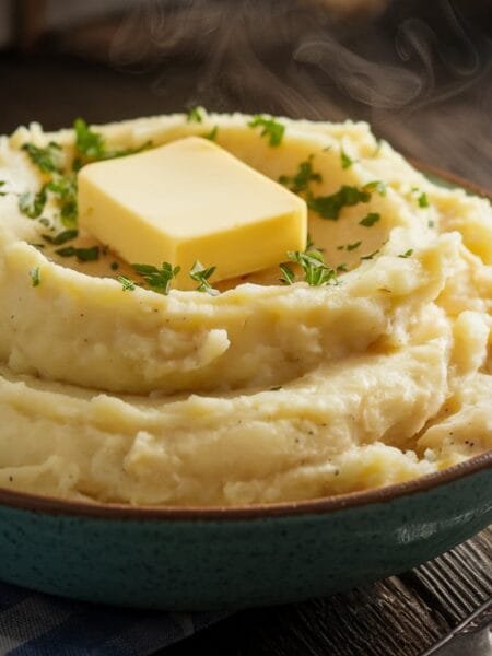 A bowl of creamy mashed potatoes with butter and parsley garnish.