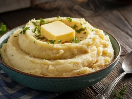 A bowl of creamy mashed potatoes with butter and parsley garnish.