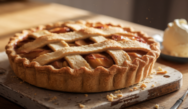 simple apple pie recipe - Freshly baked apple pie with a golden lattice crust, filled with sweet apple filling and served with a scoop of vanilla ice cream.