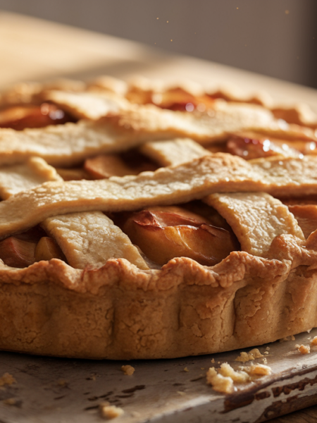 simple apple pie recipe - Freshly baked apple pie with a golden lattice crust, filled with sweet apple filling and served with a scoop of vanilla ice cream.