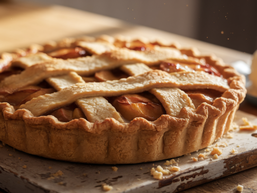 simple apple pie recipe - Freshly baked apple pie with a golden lattice crust, filled with sweet apple filling and served with a scoop of vanilla ice cream.