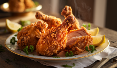 simple fried chicken recipe - Crispy, golden fried chicken served on a plate with fresh parsley and lemon wedges.